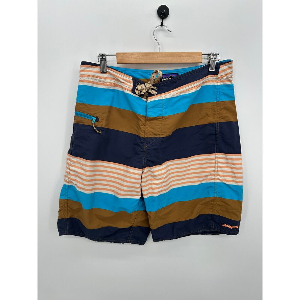 Patagonia Mens Striped Board Shorts Size 34 Blue Brown Swim Trunks 9.5" ER20